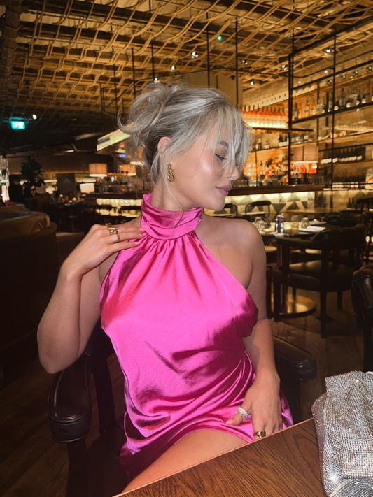 Sexy Halter Hot Pink Satin Sheath Birthday Dress Formal Short Homecoming Dress cc3496