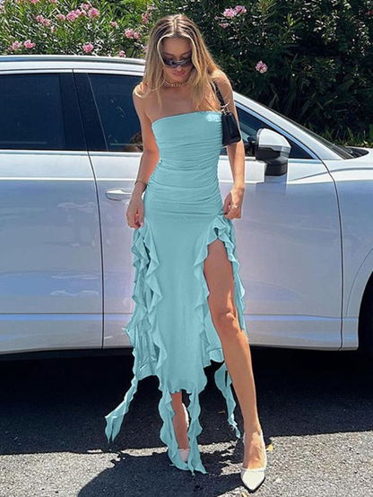Fashion Mermaid Strapless Prom Dress Side Slit Ruffles Party Evening Dress cc1857