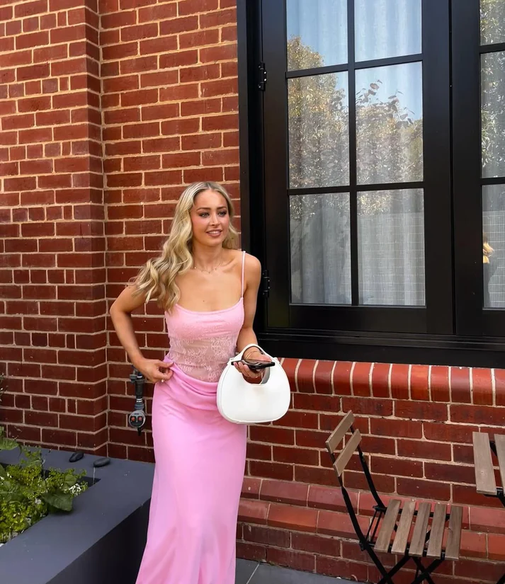 Pink Mermaid Lace Satin Long Prom Dress Straps Party Dress cc2296