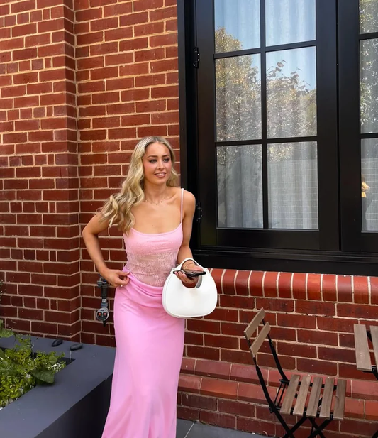 Pink Mermaid Lace Satin Long Prom Dress Straps Party Dress cc2296