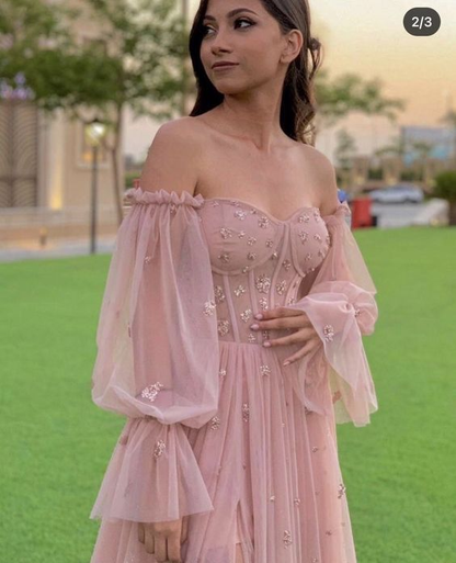 A-line Pink Unique Modest Long Sleeves Formal Prom Dress cc1076