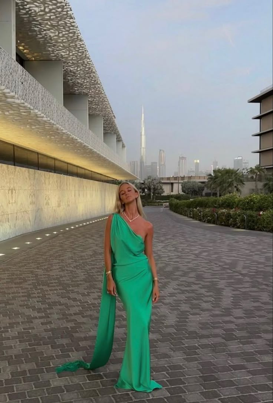 Sexy Green One Shoulder Satin Long Prom Dress,Formal Party Evening Gown cc2952