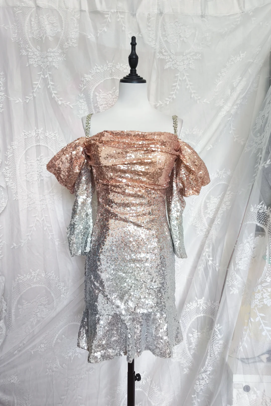 Vintage Champagne Ombre Sequin Cocktail Dress Off The Shoulder 6th Grade Homecoming Dresscc cc3309