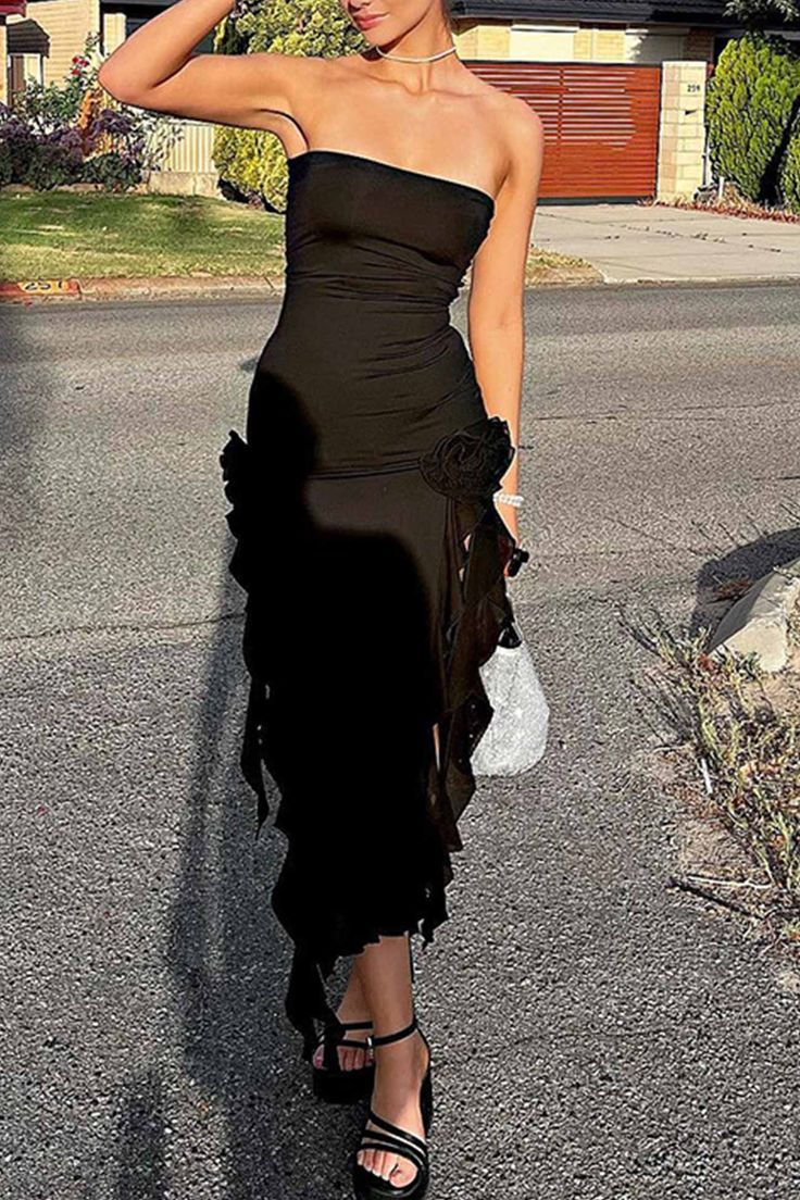 Sexy Black Strapless Black Slit Prom Dress Ruffles Party Dress With Floral cc1856