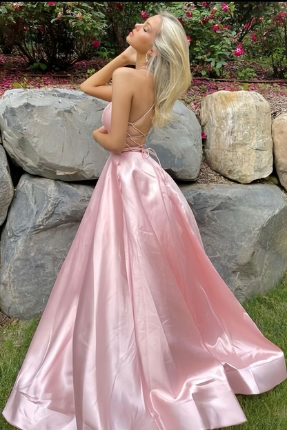 Gorgeous Pink Satin Slit Backless Evening Dress,A Line Prom Party Dress cc3003