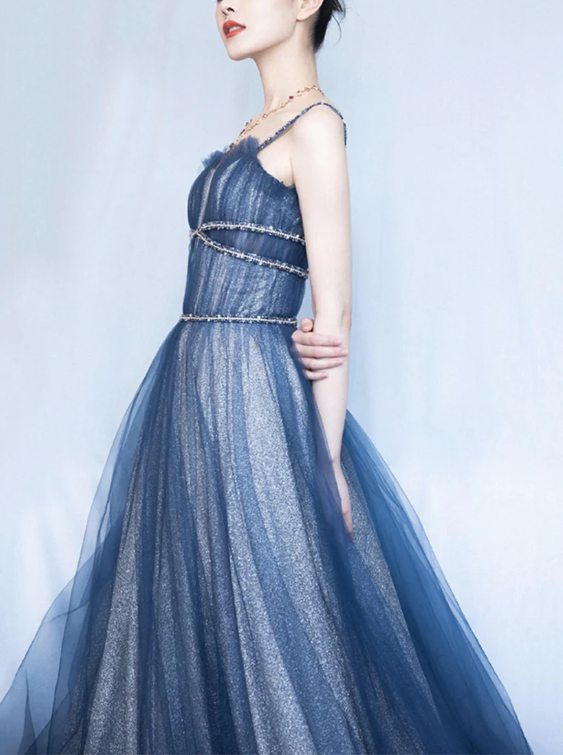 Shiny tulle long A line prom dress blue evening dress C2379