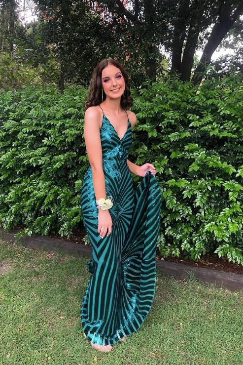 Plunge Dark Green Mermaid Sequined Long Formal Dress Prom Dress cc376