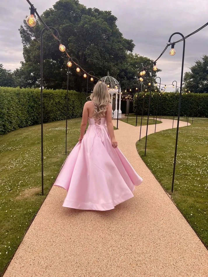 Pink V Neck A Line Party Dress Satin Long Prom Dress cc2275