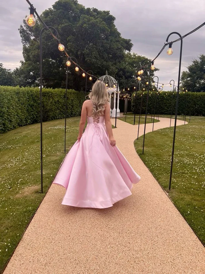 Pink V Neck A Line Party Dress Satin Long Prom Dress cc2275