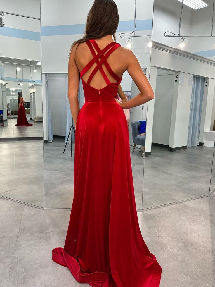 V Neck Velvet Long Prom Dresses with Cross Back cc976