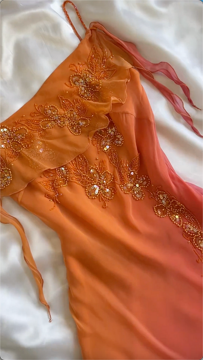 Pretty Spaghetti Straps Chiffon Beaded Mermaid Party Evening Dress cc2757