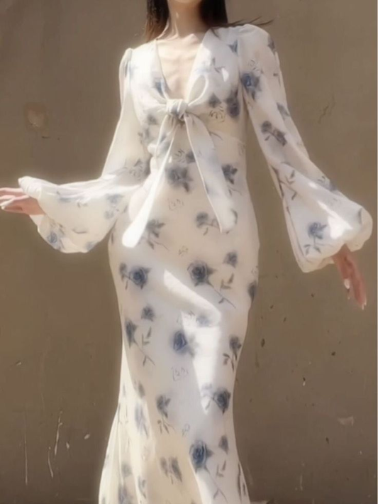 Classy Ice Blue Chiffon Rose Print Floral Prom Party Dress,Long Mermaid Evening Dress cc2847