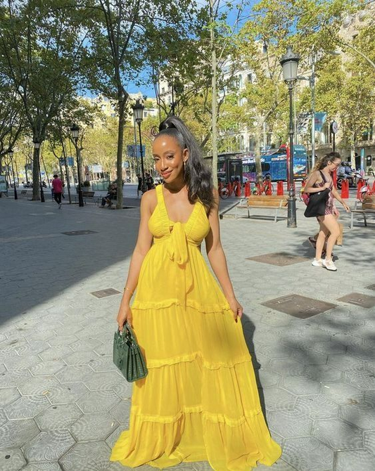 Sexy Straps Yellow Long Chiffon Prom Dress A Line Party Gown  cc2407