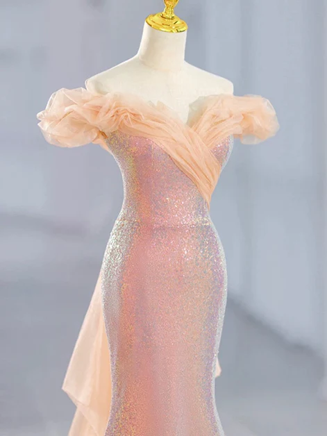 Classy Pink Sequins Off Shoulder Mermaid Party Dress Long Prom Evening Gown cc2190