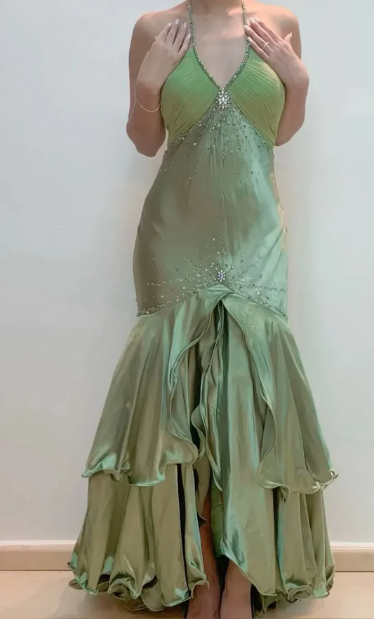 Elegant Green Halter Backless Beading Mermaid Layered Prom Dress Long Evening Dress cc3035