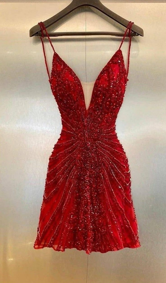 Sparkly Spaghetti Straps Sequin Beaded Short Cocktail Dress Red Mini Party Dress Homecoming Dress  cc3331