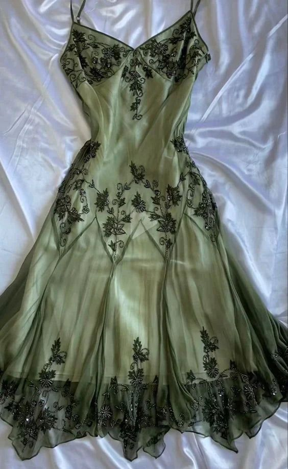 Vintage Green Straps Beaded A Line Prom Dress Party Evening Dress  cc2048