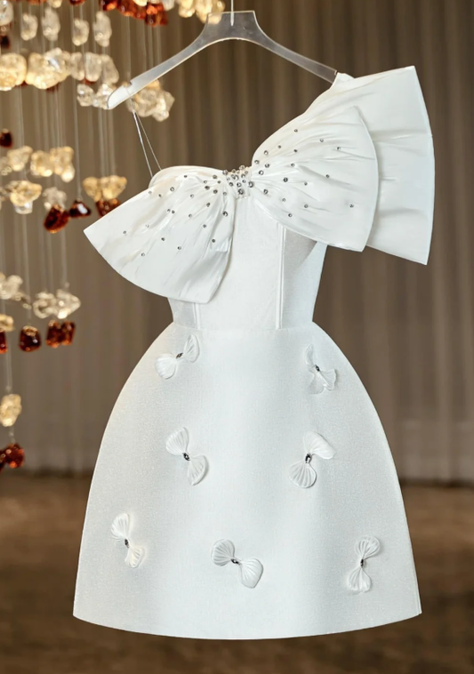 White Satin A Line Bow Homecoming Dress Classy Birthday Dress cc3163