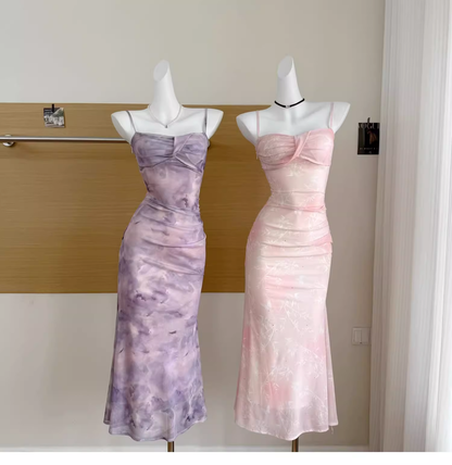 Pink Floral Suspender Dress Sexy Waist Beautiful Long Vacation Dress cc3064