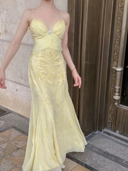Beautiful Mermaid Spaghetti Straps Yellow Chiffon Beaded Prom Dress Long Party Evening Dress  cc1845