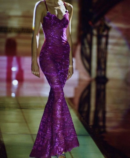 Sexy Spaghetti Straps Purple Lace Prom Dress,Mermaid Long Party Evening Gown cc2645