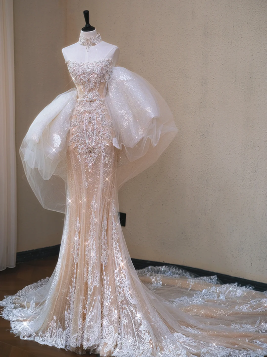 Classy Champagne Strapless Tulle Lace Appliques Mermaid Long Wedding Dress cc3462