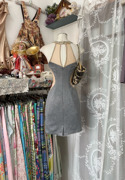 Vintage Gray Sleeveless Satin Beaded Sheath Cocktail Dress Mini Homecoming Dress  cc3142