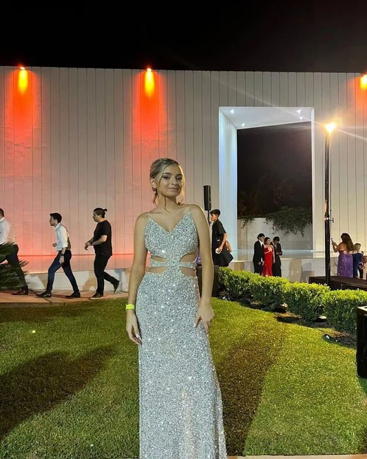 Sparkly Silver Sequin Sheath Backless Long Prom Dress With Slit cc1975