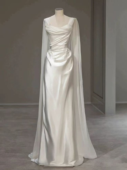 White Satin Pleated Straps Wedding Dress,Elegant Prom Evening Dress  cc2662