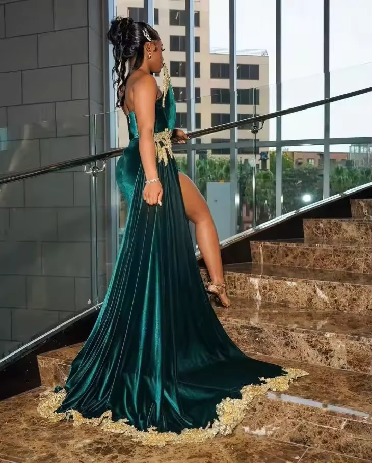 Sexy Halter Velvet Lace Appliques Evening Dress,Green Slit Party Dress Evening Gown cc2614