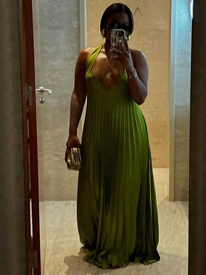 Unique Halter V Neck Pleated Floor Length Green Prom Dress,Party Evening Dress cc2406