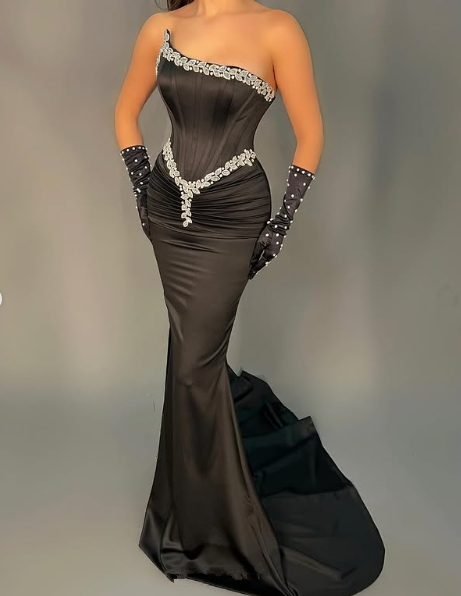 Elegant Black Satin Beaded Mermaid Prom Dress,Strapless Long Party Evening Dress With Gloves cc2975