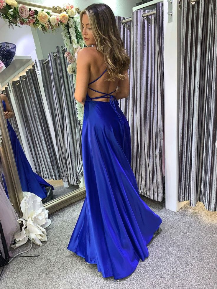 Simple blue satin long prom dress, blue satin evening dress cc1369