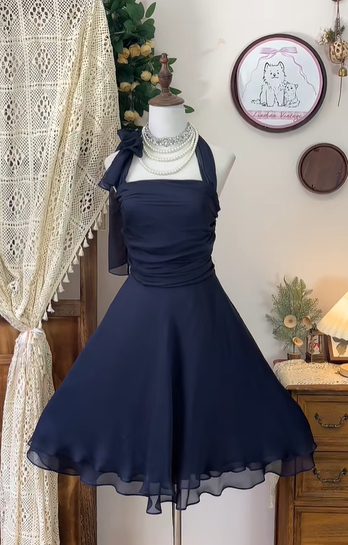 Stylish Navy Blue Chiffon A Line Homecoming Dress Halter Cocktail Dress cc3090
