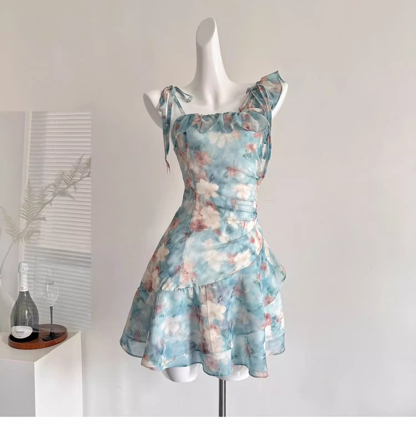 Spaghetti Straps Irregular Ruffles Short Holiday Dress cc3055