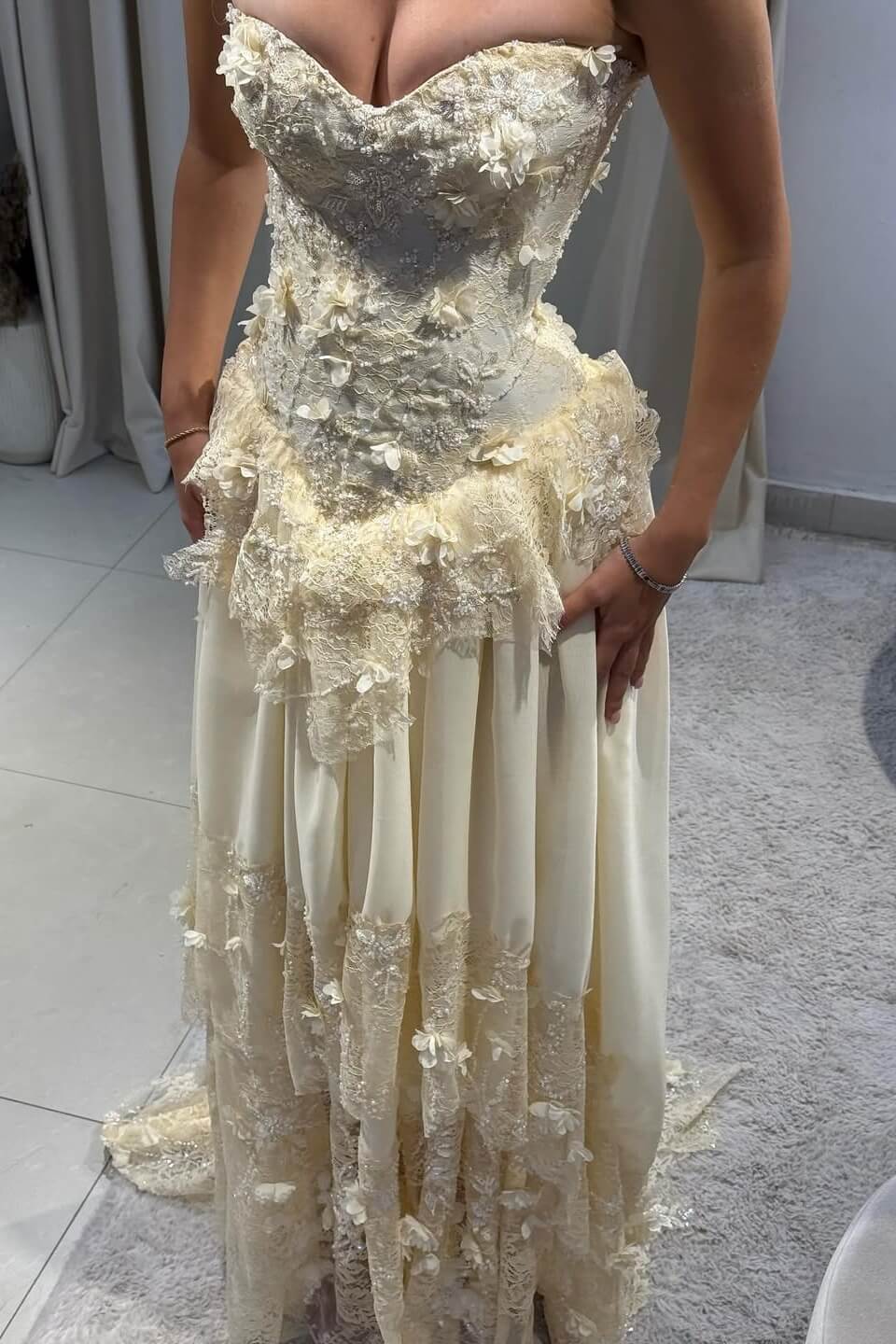 Vintage Yellow A-line Lace Train Prom Dress Evening Dress cc4983