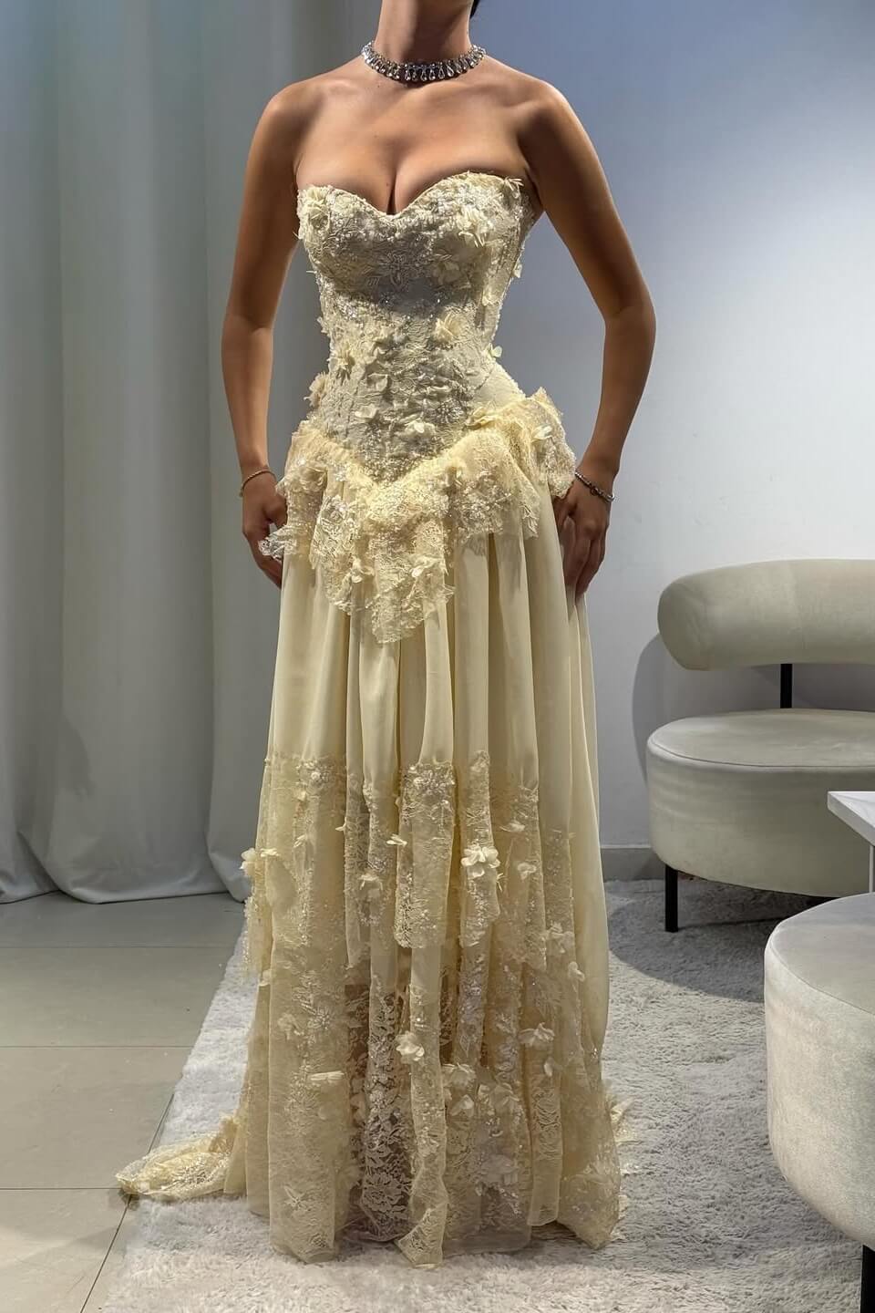 Vintage Yellow A-line Lace Train Prom Dress Evening Dress cc4983