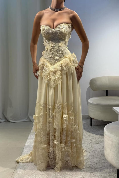 Vintage Yellow A-line Lace Train Prom Dress Evening Dress cc4983