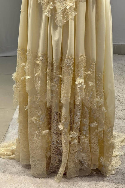 Vintage Yellow A-line Lace Train Prom Dress Evening Dress cc4983