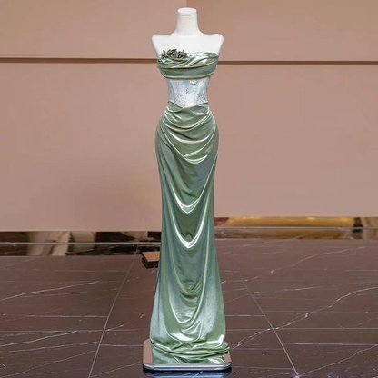 Elegant Light Green Satin Long Prom Dress Strapless Party Evening Dress cc2441