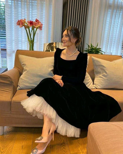 Vintage Black With White Tulle Prom Dress  A-line Party Dress  C2109