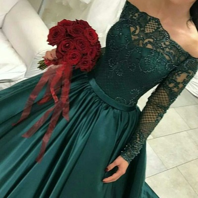 modest dark green party dress, off the shoulder prom dresses ,prom dress with long sleeves, evening gowns with lace C1642