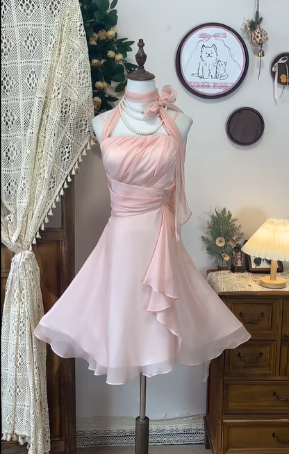 Classy Pink Halter Chiffon A Line Homecoming Dress Short Birthday Dress cc3082