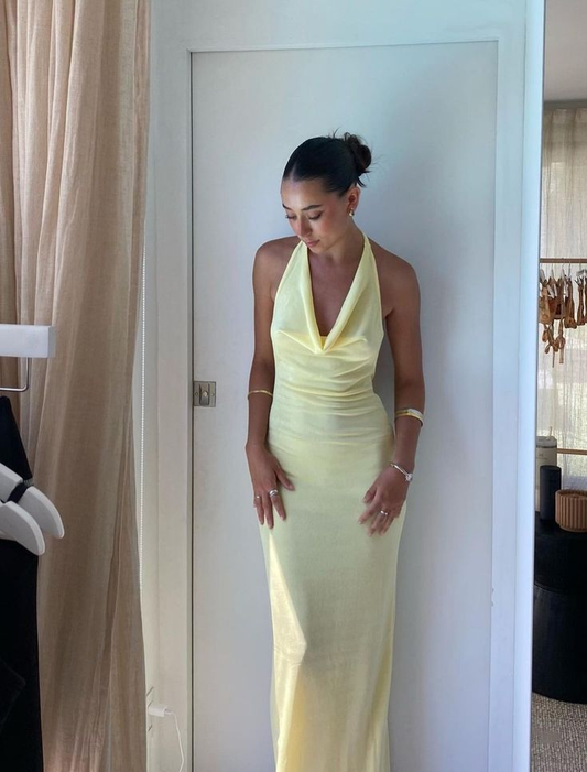 Yellow Halter Sheath Long Prom Dress Party Gown cc2252