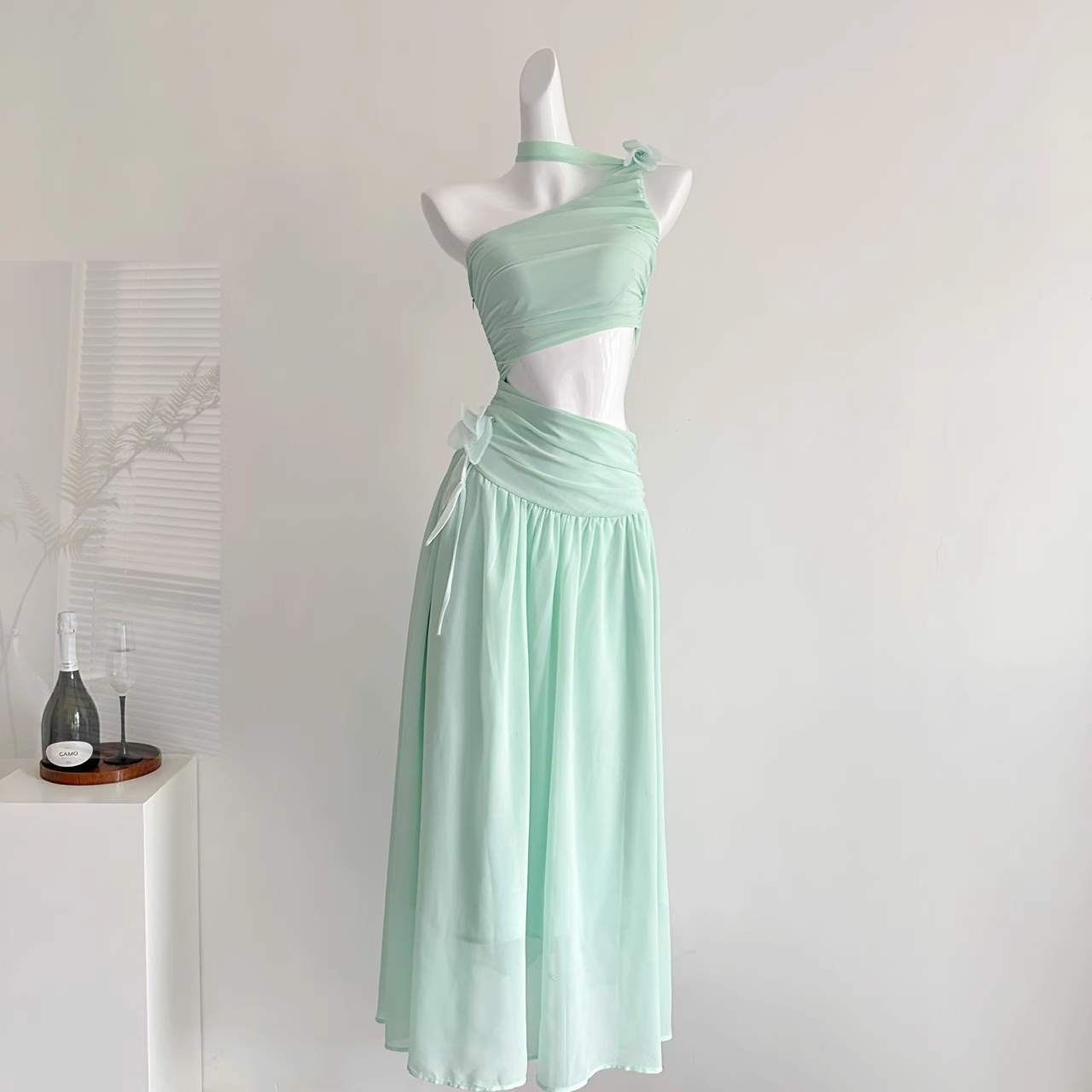 Sexy Mint Green One Shoulder Chiffon Vacation Dress Birthday Dress cc3053
