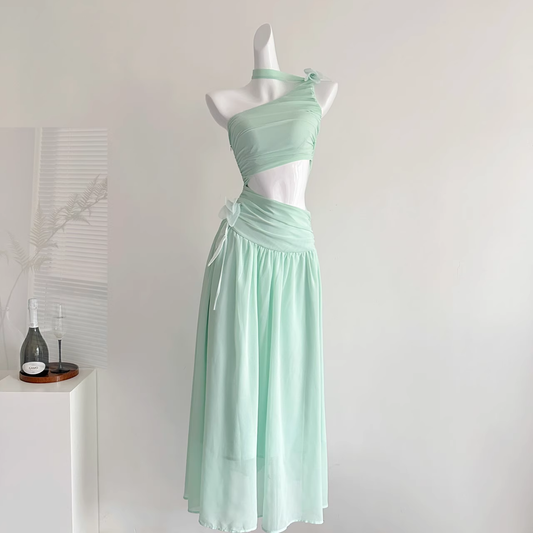 Sexy Mint Green One Shoulder Chiffon Vacation Dress Birthday Dress cc3053