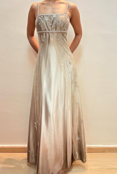 Vintage Spaghetti Straps Beaded Satin Evening Dress,A Line Formal Party Prom Dress cc2609
