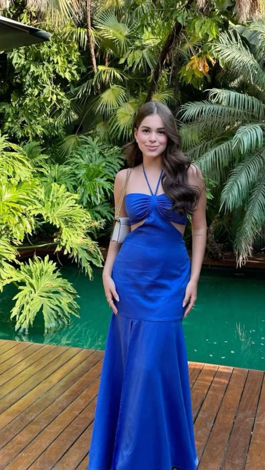 Unique Blue Halter Memaid Party Evening Gown cc1916