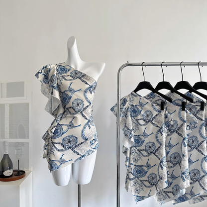 Off-shoulder Irregular Satin Print Hot Girl Sexy Mini Dress cc3067