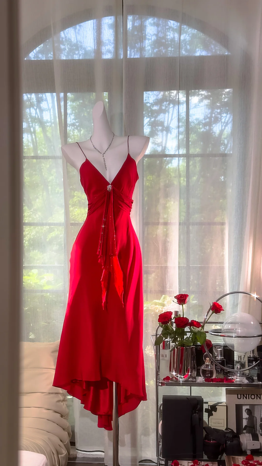 Pretty V Neck Red Birthday Party Dress Spaghetti Straps Mermaid Evening Dress cc3336